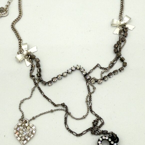 Betsey Johnson Layered Necklace Key Heart Pendants Rhinestones Bow Accents - Picture 14 of 15